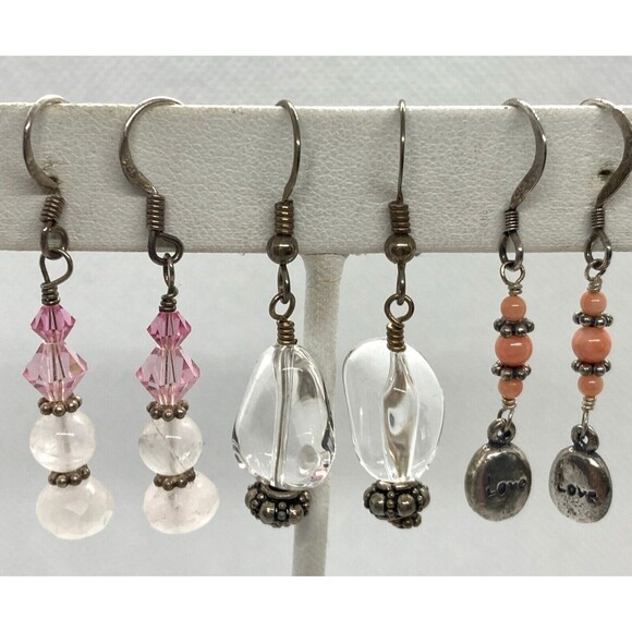Vintage Lot of 3 Pink Quartz Beaded Dangle Earrings Sterling 925 Silver 11g‎ - Picture 1 of 10
